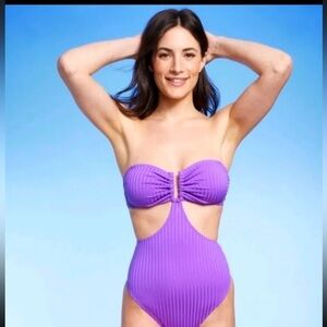 Shade & Shore Bandeau Cut Out One Piece Lilac Ribbed Bathing Suit Size XL